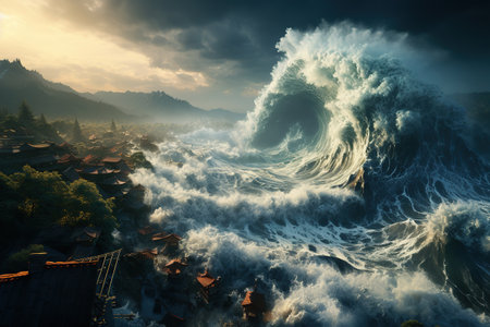 Tsunami Impact Massive waves crashing onto a shoreline, causing widespread destruction.Generated with AIの素材