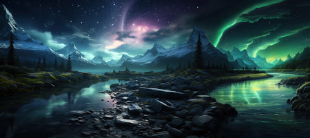 Aurora Borealis: A dazzling display of the Northern Lights, painting the night sky with vibrant colors.Generated with AIの素材