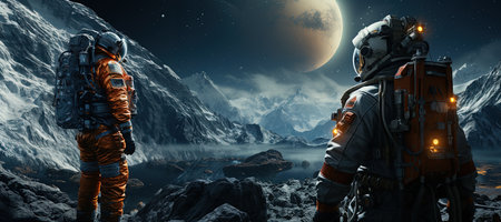 Space Exploration Astronauts on a distant planet surface representing explore the cosmos. Generated with AIの素材