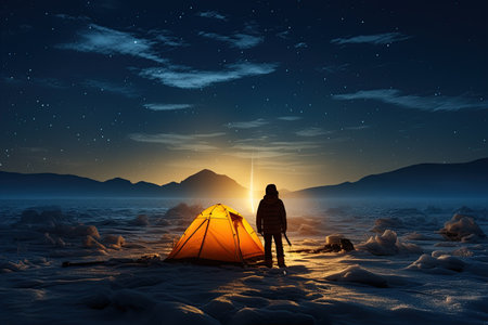 Adventurous Tourists Under Starry Sky tourist with flashlight stands near glowing yellow tent,Generated with AIの素材