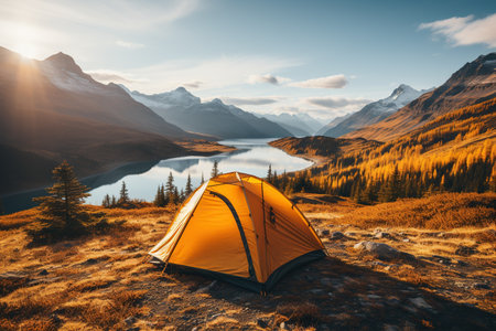Camping in a yellow tent, holding a cup, with a stunning Lake view,Generated with AIの素材
