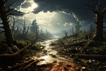 Tornado Path The destructive path of a tornado flattened structures and debris.Generated with AIの素材