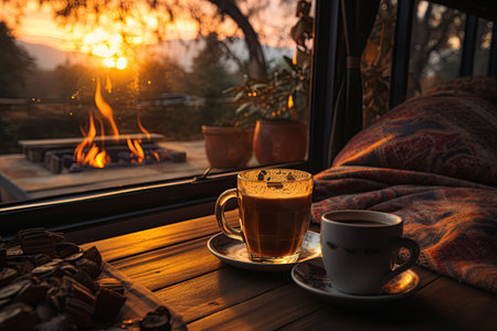steaming cup coffee cozy van life morning slow tranquil lifestyle,Generated with AIの素材