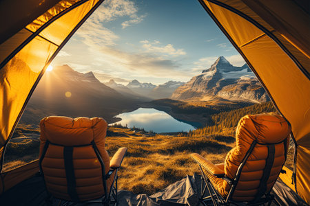 Camping in a yellow tent, holding a cup, with a stunning Lake view,Generated with AIの素材
