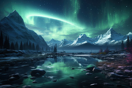 Aurora Borealis: A dazzling display of the Northern Lights, painting the night sky with vibrant colors.Generated with AIの素材