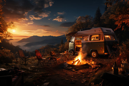 camping van parked in a beautiful natural setting, campfire clear night sky,Generated with AIの素材