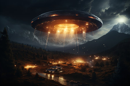 UFO Sighting: A mysterious unidentified flying object captured in the night sky,Generated with AIの素材