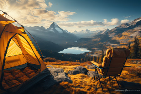 Camping in a yellow tent, holding a cup, with a stunning Lake view,Generated with AIの素材