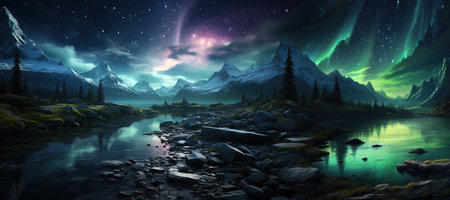 Aurora Borealis: A dazzling display of the Northern Lights, painting the night sky with vibrant colors.Generated with AIの素材