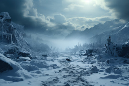 Blizzard Conditions: A snow-covered landscape during a blizzard,Generated with AIの素材