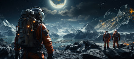 Space Exploration Astronauts on a distant planet surface representing explore the cosmos. Generated with AIの素材