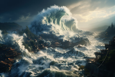 Tsunami Impact Massive waves crashing onto a shoreline, causing widespread destruction.Generated with AIの素材