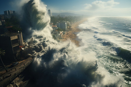 Tsunami Impact Massive waves crashing onto a shoreline, causing widespread destruction.Generated with AIの素材
