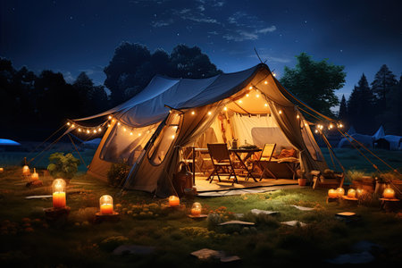Camping under the Stars outdoor camping tent with a tarp or flysheet set up on a grass courtyard.Generated with AIの素材