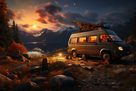 camping van parked in a beautiful natural setting, campfire clear night sky,Generated with AIの素材