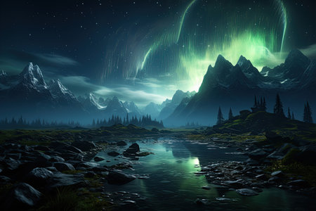 Aurora Borealis: A dazzling display of the Northern Lights, painting the night sky with vibrant colors.Generated with AIの素材