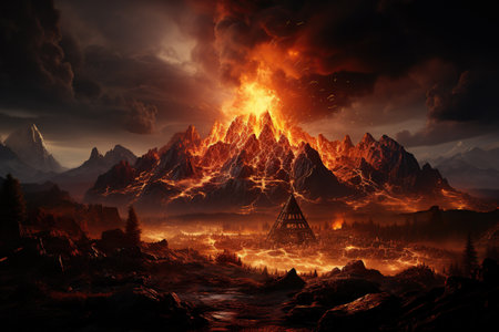Volcanic Eruption spewing ash and lava, creating a fiery and hazardous scene.Generated with AIの素材