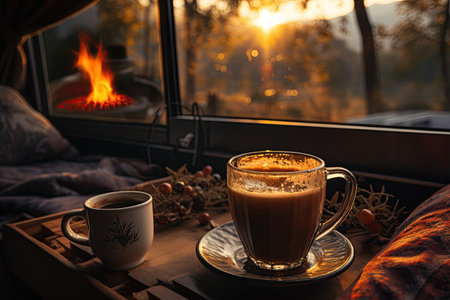 steaming cup coffee cozy van life morning slow tranquil lifestyle,Generated with AIの素材
