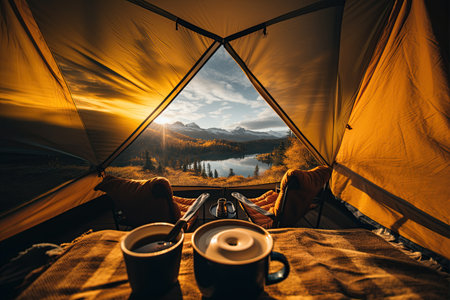 Camping in a yellow tent, holding a cup, with a stunning Lake view,Generated with AIの素材