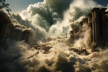 Tsunami Impact Massive waves crashing onto a shoreline, causing widespread destruction.Generated with AIの素材