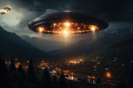 UFO Sighting: A mysterious unidentified flying object captured in the night sky,Generated with AIの素材