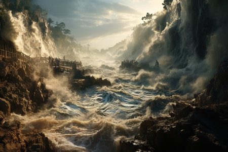Tsunami Impact Massive waves crashing onto a shoreline, causing widespread destruction.Generated with AIの素材