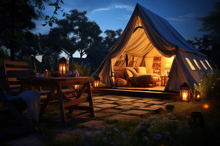 Camping under the Stars outdoor camping tent with a tarp or flysheet set up on a grass courtyard.Generated with AIの素材