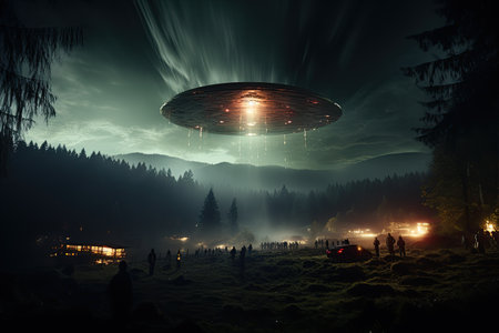 UFO Sighting: A mysterious unidentified flying object captured in the night sky,Generated with AIの素材
