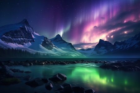 Aurora Borealis: A dazzling display of the Northern Lights, painting the night sky with vibrant colors.Generated with AIの素材