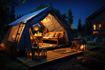 Camping under the Stars outdoor camping tent with a tarp or flysheet set up on a grass courtyard.Generated with AIの素材