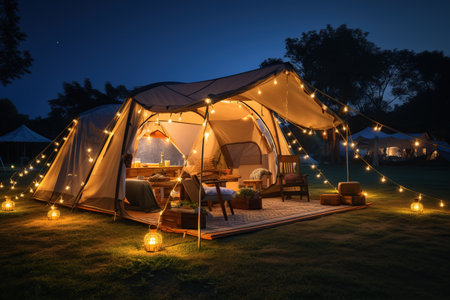 Camping under the Stars outdoor camping tent with a tarp or flysheet set up on a grass courtyard.Generated with AIの素材