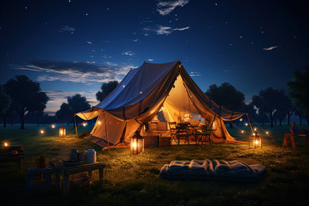 Camping under the Stars outdoor camping tent with a tarp or flysheet set up on a grass courtyard.Generated with AIの素材