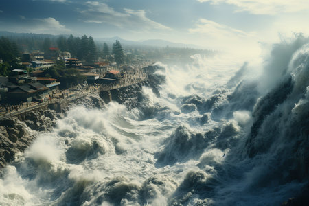 Tsunami Impact Massive waves crashing onto a shoreline, causing widespread destruction.Generated with AIの素材