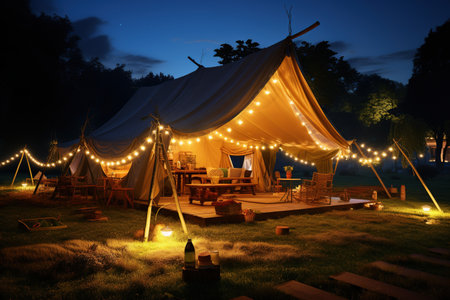 Camping under the Stars outdoor camping tent with a tarp or flysheet set up on a grass courtyard.Generated with AIの素材