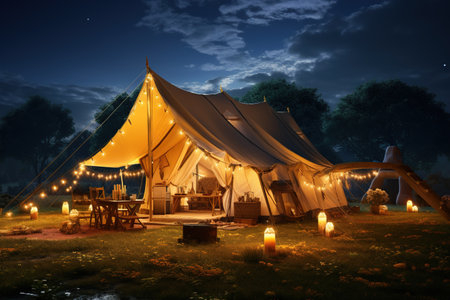 Camping under the Stars outdoor camping tent with a tarp or flysheet set up on a grass courtyard.Generated with AIの素材
