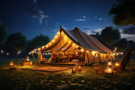 Camping under the Stars outdoor camping tent with a tarp or flysheet set up on a grass courtyard.Generated with AIの素材