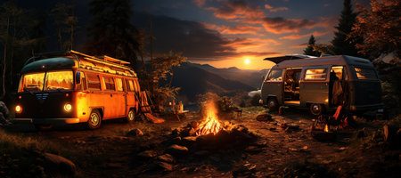 camping van parked in a beautiful natural setting, campfire clear night sky,Generated with AIの素材