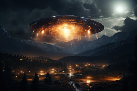 UFO Sighting: A mysterious unidentified flying object captured in the night sky,Generated with AIの素材
