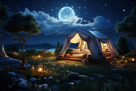 Camping under the Stars outdoor camping tent with a tarp or flysheet set up on a grass courtyard.Generated with AIの素材