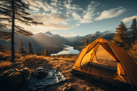 Camping in a yellow tent, holding a cup, with a stunning Lake view,Generated with AIの素材