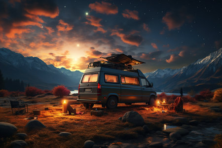 camping van parked in a beautiful natural setting, campfire clear night sky,Generated with AIの素材