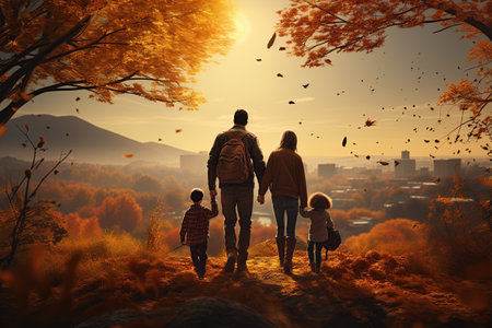 Family symbolizing joyful adventures in the beautiful autumn nature.Generated with AIの素材