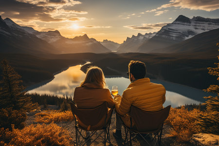 Camping in a yellow tent, holding a cup, with a stunning Lake view,Generated with AIの素材