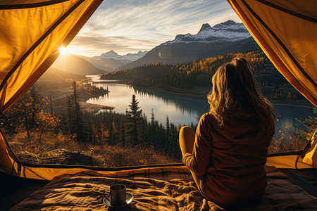 Camping in a yellow tent, holding a cup, with a stunning Lake view,Generated with AIの素材