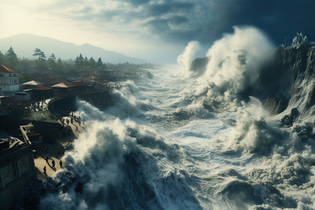 Tsunami Impact Massive waves crashing onto a shoreline, causing widespread destruction.Generated with AIの素材