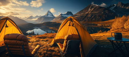 Camping in a yellow tent, holding a cup, with a stunning Lake view,Generated with AIの素材