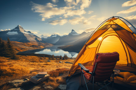 Camping in a yellow tent, holding a cup, with a stunning Lake view,Generated with AIの素材