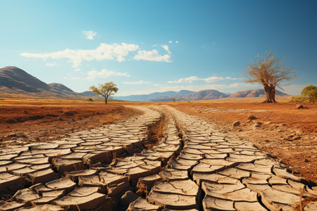 Drought Consequences: Barren and cracked earth in an arid region suffering from severe drought.Generated with AIの素材