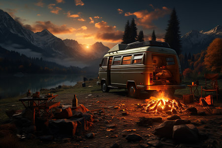 camping van parked in a beautiful natural setting, campfire clear night sky,Generated with AIの素材