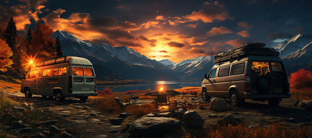 camping van parked in a beautiful natural setting, campfire clear night sky,Generated with AIの素材